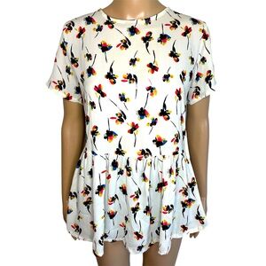 ASHER by Fab’rik White Floral Crewneck Flutter Short Sleeve Babydoll Blouse Top